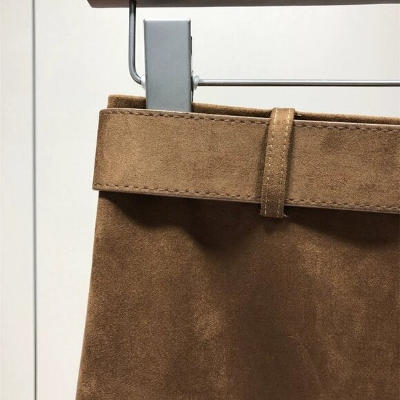 Cowhide Velvet Suede Belted Front Slit Midi Skirt - Picture 5 of 9